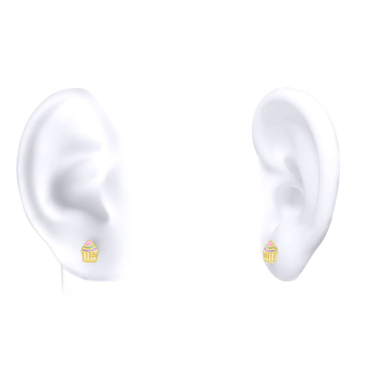 9ct Gold Pastel Enamel Frosted Cupcake Muffin Stud Earrings - 1-55-8259