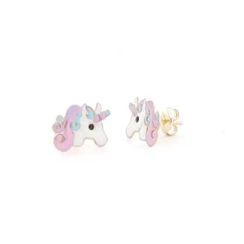9ct Gold Enamel Cute Cartoon Unicorn Stud Earrings 11mm - 1-55-8939