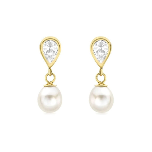 9ct Gold Pear Pearl & CZ Mirrored Double Teardrop Drop Earrings - 1-57-7659