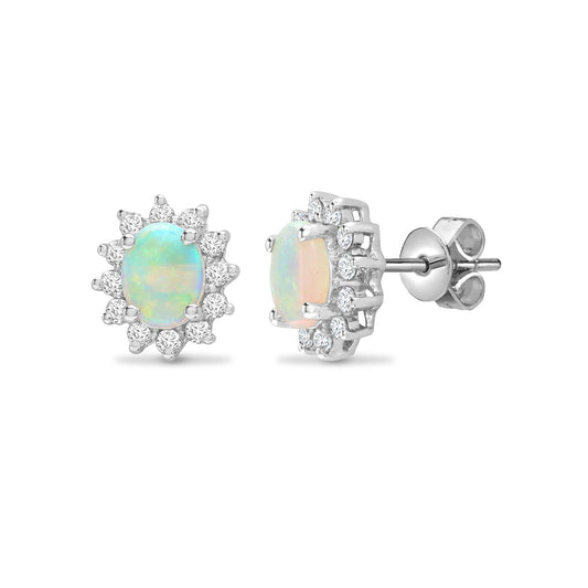 18ct White Gold 0.19ct Diamond Opal Royal Cluster Stud Earrings - 18E184
