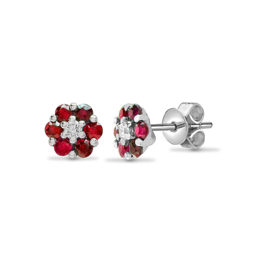 18ct White Gold Diamond Red Ruby Daisy Cluster Stud Earrings - 18E198