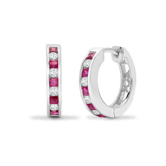18ct White Gold Diamond Ruby Eternity Huggie Hoop Earrings 15mm - 18E209