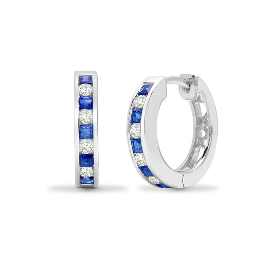 18ct White Gold Diamond Sapphire Huggie Hoop Earrings 15mm - 18E210