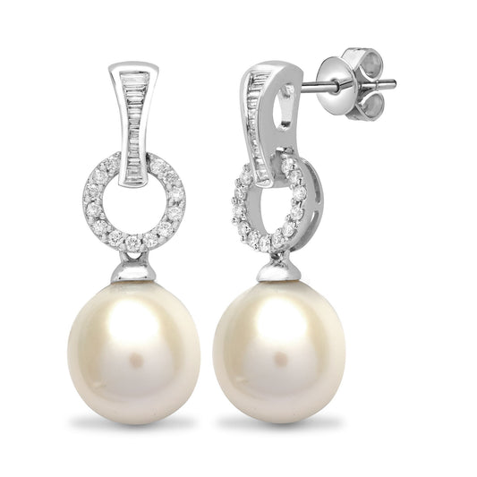 18ct White Gold Diamond Pearl Pearl Full Moon Drop Earrings - 18E220