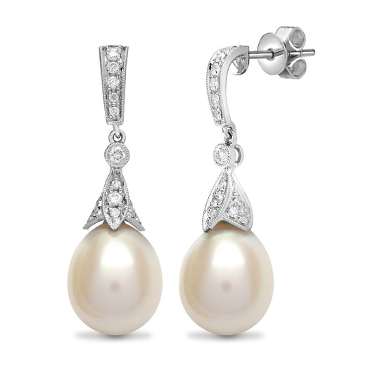 18ct White Gold 0.5ct Diamond Pearl Pearl Full Moon Drop Earrings - 18E222