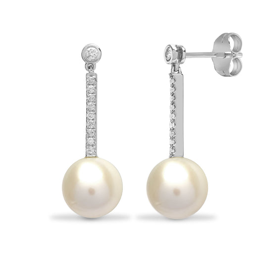 18ct White Gold 0.15ct Diamond and Pearl Full Moon Drop Earrings - 18E280