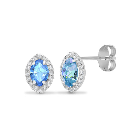 18ct White Gold Diamond Blue Topaz Tear Halo Stud Earrings - 18E303