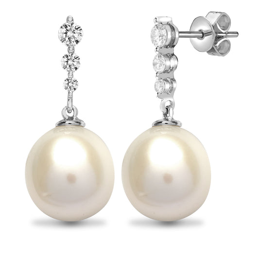 18ct White Gold 0.37ct Diamond Pearl Pearl Trilogy Drop Earrings - 18E314