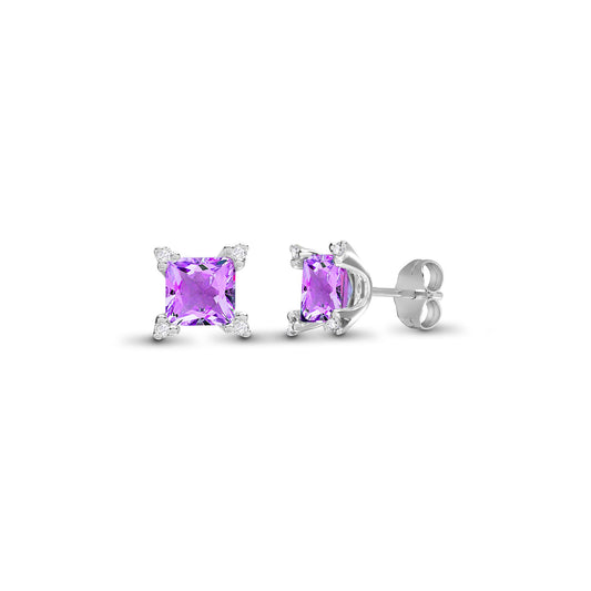 18ct White Gold Diamond Purple Amethyst Square Stud Earrings - 18E326