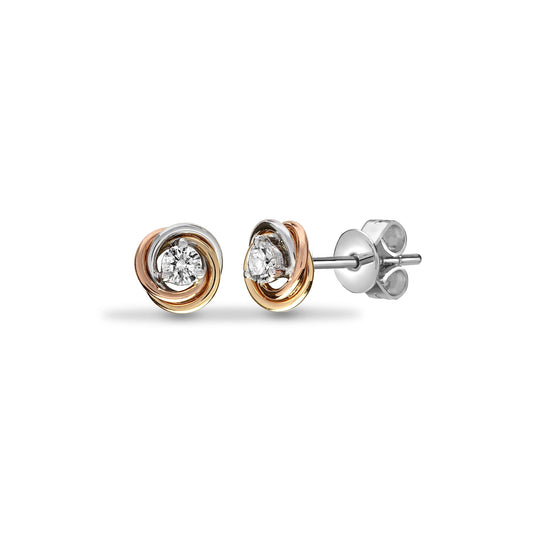 18ct 3 Colour Gold Diamond Twist Knot Solitaire Stud Earrings - 18E387