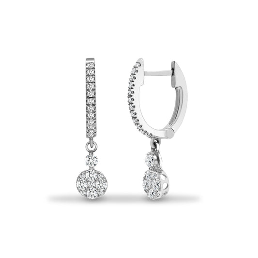 18ct White Gold 0.5ct Diamond Disc Cluster Huggie Drop Earrings - 18E424