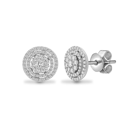 18ct White Gold Diamond Double Halo Cluster Stud Earrings 11mm - 18E426