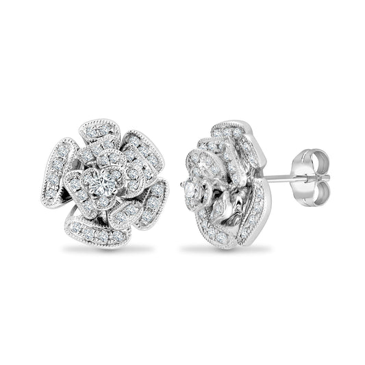 18ct White Gold Diamond Rose Flower Petal Cluster Stud Earrings - 18E456