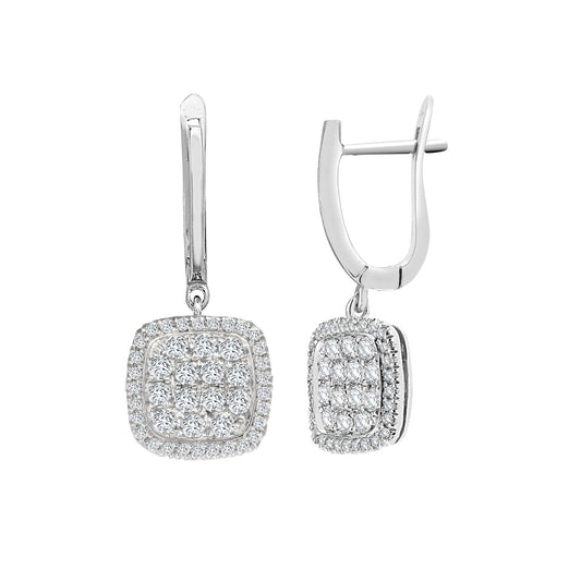 18ct White Gold Diamond Square Cushion Cluster Drop Earrings - 18E457