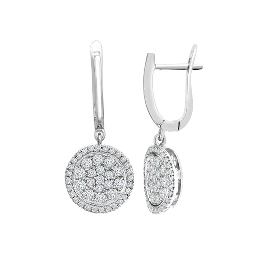 18ct White Gold 1.1ct Diamond Round Halo Cluster Drop Earrings - 18E459