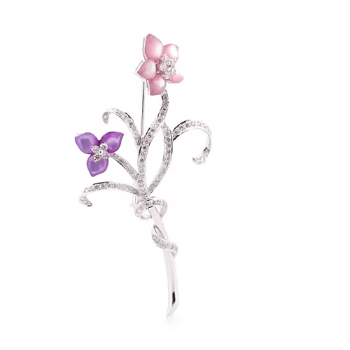 18ct White Gold Pink Lilac Mother of Pearl Diamond Floral Brooch - 18P109