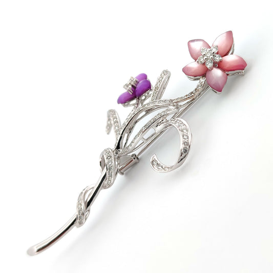 18ct White Gold Pink Lilac Mother of Pearl Diamond Floral Brooch - 18P109