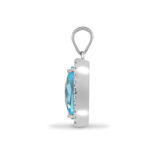 18ct White Gold Diamond Blue Topaz Teardrop Halo Cluster Pendant - 18P216