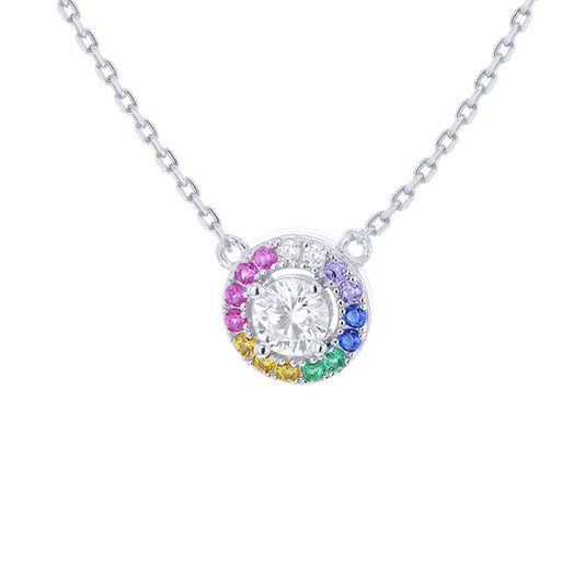 Silver Rainbow CZ Halo Disc Solitaire Adjustable Charm Necklace - 8-19-0850
