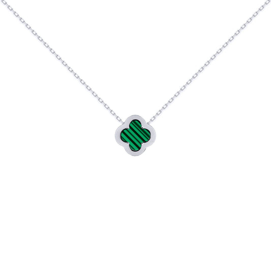 Silver CZ Malachite Clover Kiss Charm Necklace 16-18" - 8-19-2680