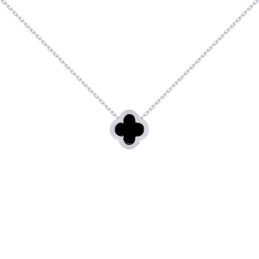 Silver CZ Onyx Clover Kiss Charm Necklace 16-18" - 8-19-2720