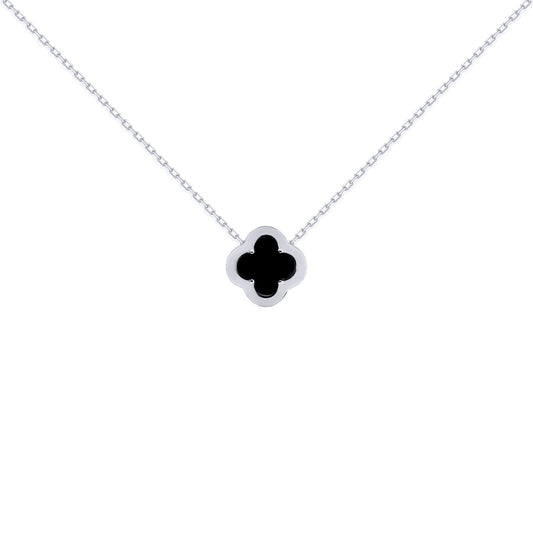 Silver CZ Onyx Clover Kiss Charm Necklace 16-18" - 8-19-2720