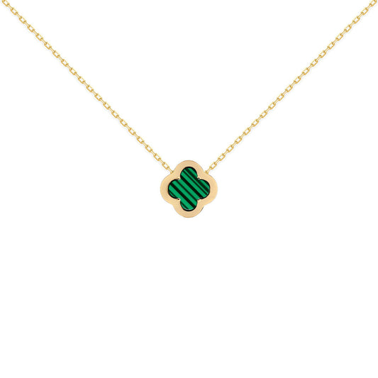 Gold-plated Silver CZ Malachite Clover Kiss Charm Necklace 16-18" - 8-19-2880