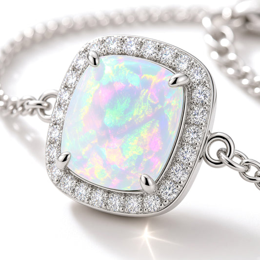 Silver Aurora Borealis Rectangular Opal CZ Halo Bracelet 6-7.5" - 8-20-0280