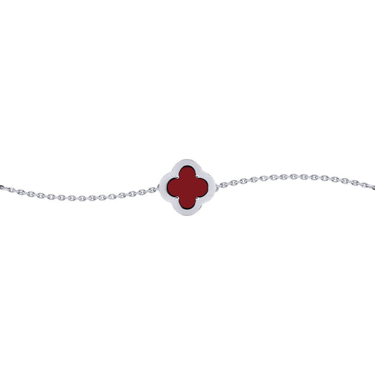 Silver CZ Red Agate Clover Kiss Charm Bracelet 6-7.5" - 8-29-2702