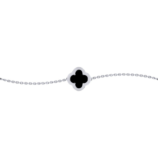 Silver CZ Onyx Clover Kiss Charm Bracelet 6-7.5" - 8-29-2722