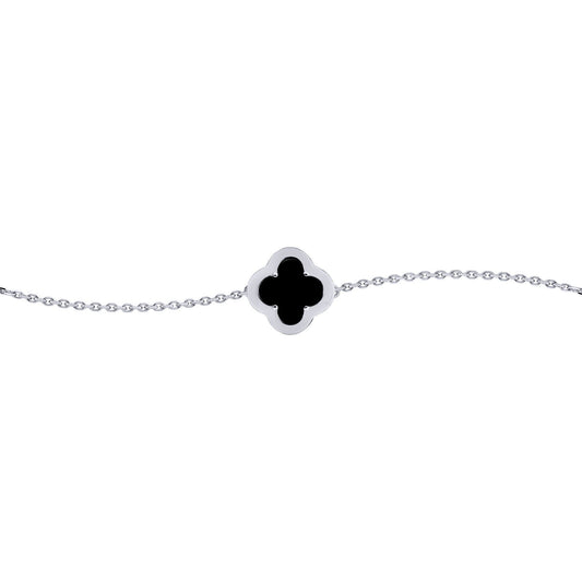 Silver CZ Onyx Clover Kiss Charm Bracelet 6-7.5" - 8-29-2722