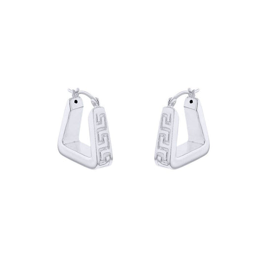 Silver Rectangular Tube Greek Key Pyramid Hoop Creole Earrings - 8-52-0021
