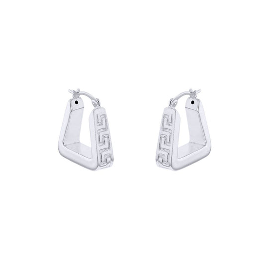Silver Rectangular Tube Greek Key Pyramid Hoop Creole Earrings - 8-52-0021