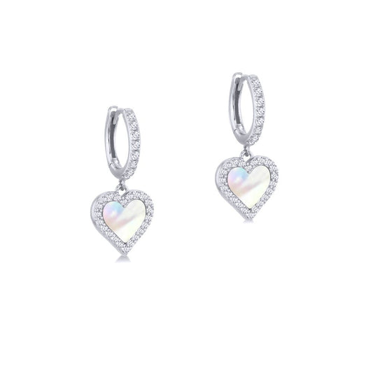 Silver Rainbow Mother of Pearl CZ Heart Halo Huggie Drop Earrings - 8-53-0018