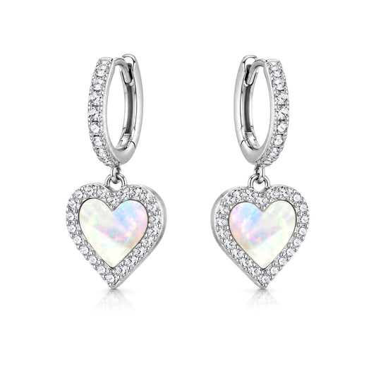 Silver Rainbow Mother of Pearl CZ Heart Halo Huggie Drop Earrings - 8-53-0018