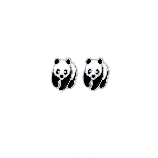 Sterling Silver Black White Enamel Panda Stud Earrings 11mm - 8-55-9483