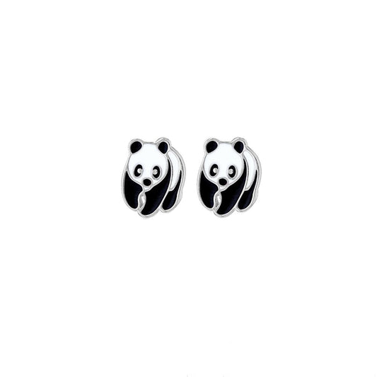 Sterling Silver Black White Enamel Panda Stud Earrings 11mm - 8-55-9483