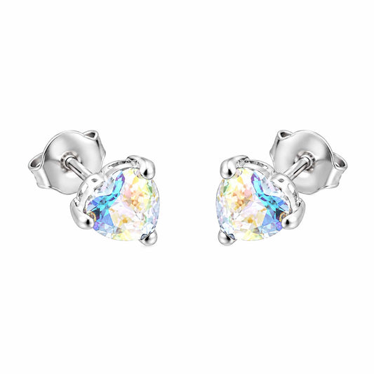 Silver Aurora Borealis CZ Solitaire Love Stud Earrings 6mm - 8-57-9479