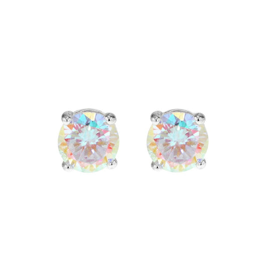 Silver Aurora Borealis CZ Rainbow Solitaire Stud Earrings 8mm - 8-58-2619