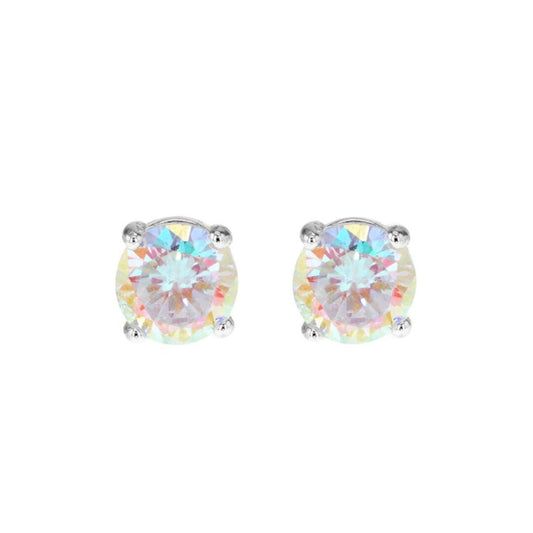 Silver Aurora Borealis CZ Rainbow Solitaire Stud Earrings 8mm - 8-58-2619