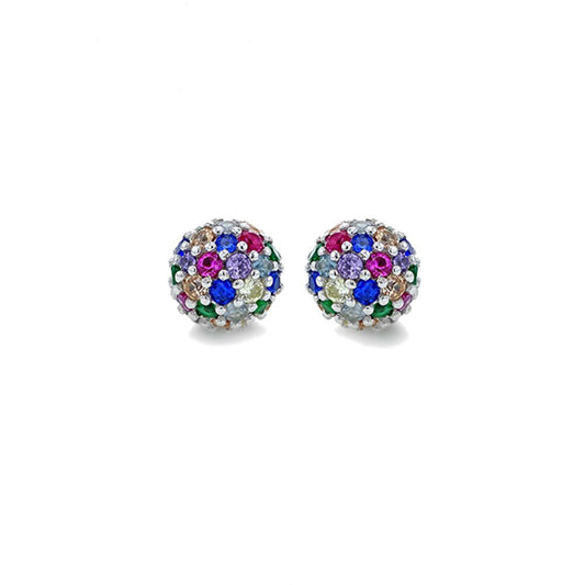 Sterling Silver Rainbow CZ Pave Disco Ball Stud Earrings 8mm - 8-59-1409