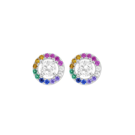 Sterling Silver CZ Rainbow Halo Solitaire Stud Earrings 8mm - 8-59-1861