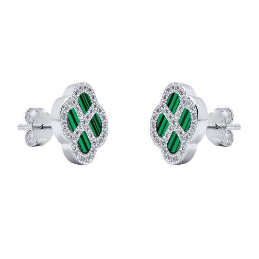 Silver CZ Malachite Clover Kiss Stud Earrings 11mm - 8-59-1915