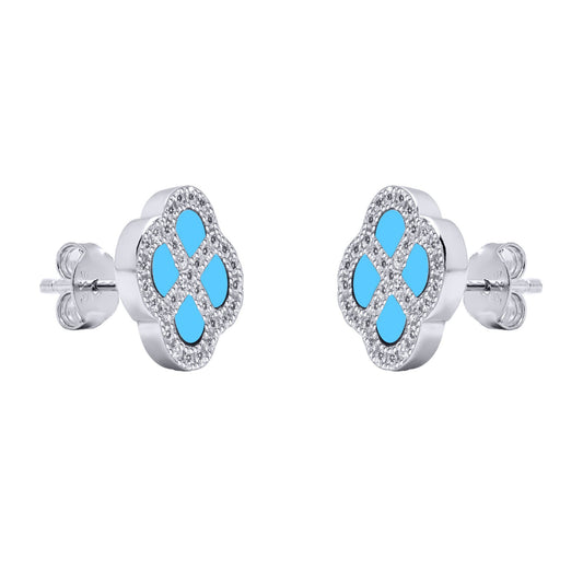 Silver CZ Turquoise Clover Kiss Stud Earrings 11mm - 8-59-1916