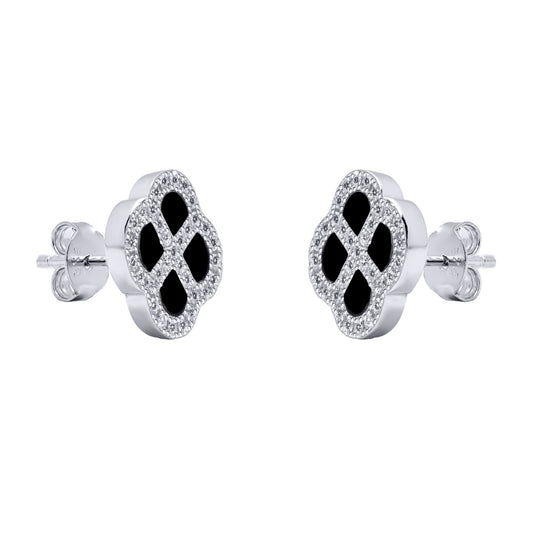 Silver CZ Onyx Clover Kiss Stud Earrings 11mm - 8-59-1919