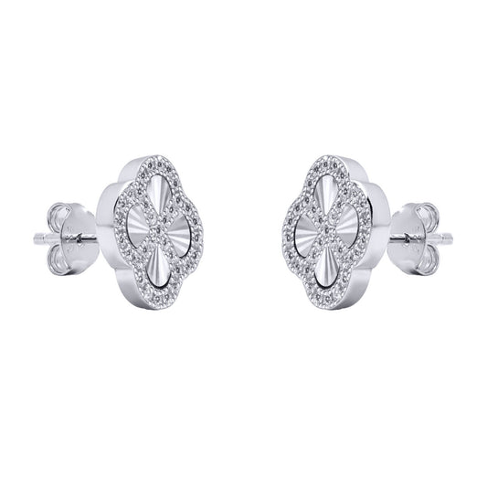 Silver CZ Fluted Disc Clover Kiss Stud Earrings 11mm - 8-59-1920