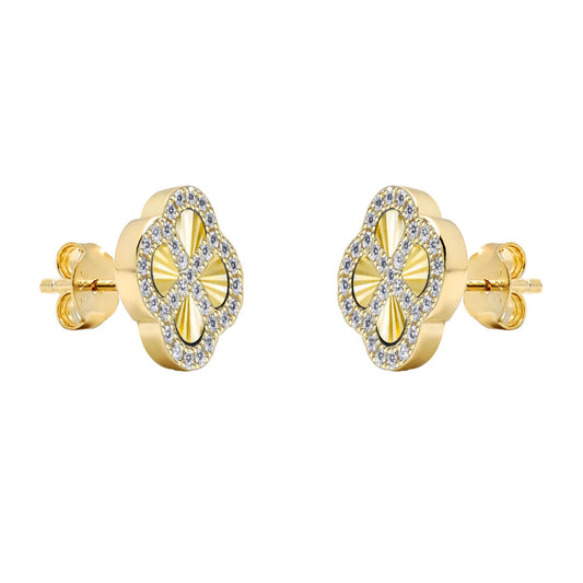 Gold-plated Silver CZ Fluted Disc Clover Kiss Stud Earrings 11mm - 8-59-1921