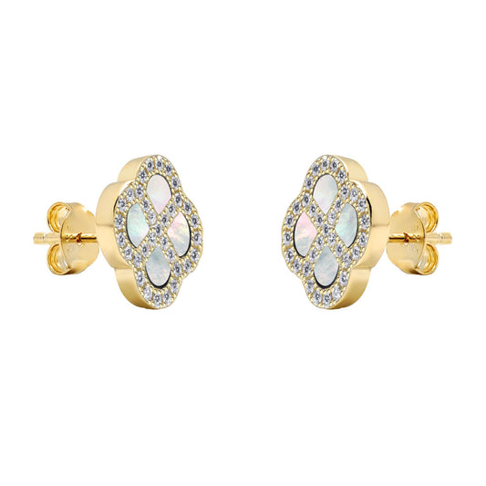Gold-plated Silver CZ Mother o'Pearl Clover Kiss Stud Earrings - 8-59-1922