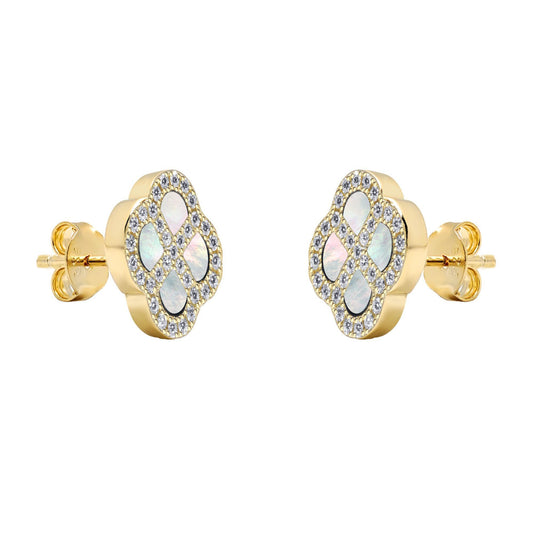Gold-plated Silver CZ Mother o'Pearl Clover Kiss Stud Earrings - 8-59-1922
