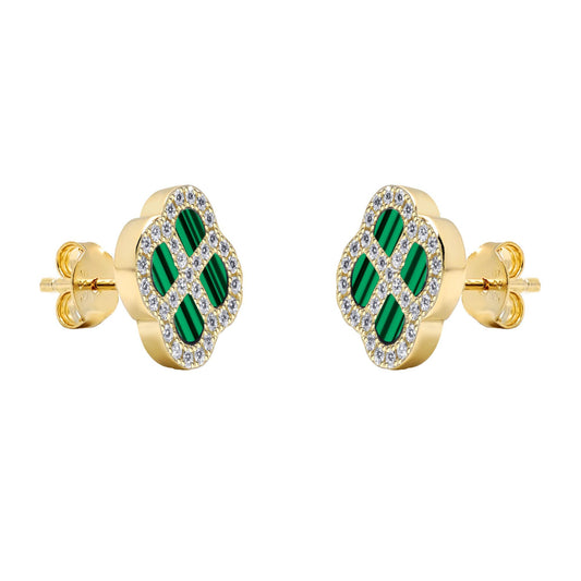 Gold-plated Silver CZ Malachite Clover Kiss Stud Earrings 11mm - 8-59-1923